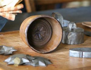 Set of 6, Antique Cookie Press and Pewter Molds, Vintage Mormon Kitchen Postcard