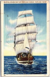 1938 Old Full Rigged Ship Off Portland Harbor Portland Maine ME Posted Postcard