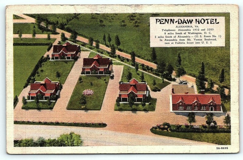 Postcard VA Alexandria Airview Penn Daw Hotel & Dining Room Vintage Linen