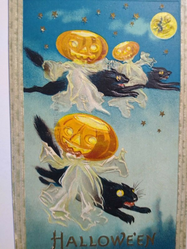 Halloween Postcard Barton Spooner Flying Goblins Black Cats Moon Embossed 1911 