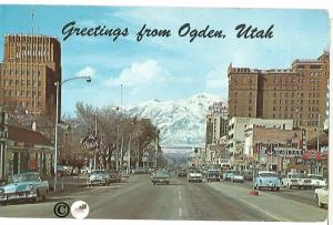 Greetings from Ogden Utah Street Scene with Mountain View Vintage Postcard