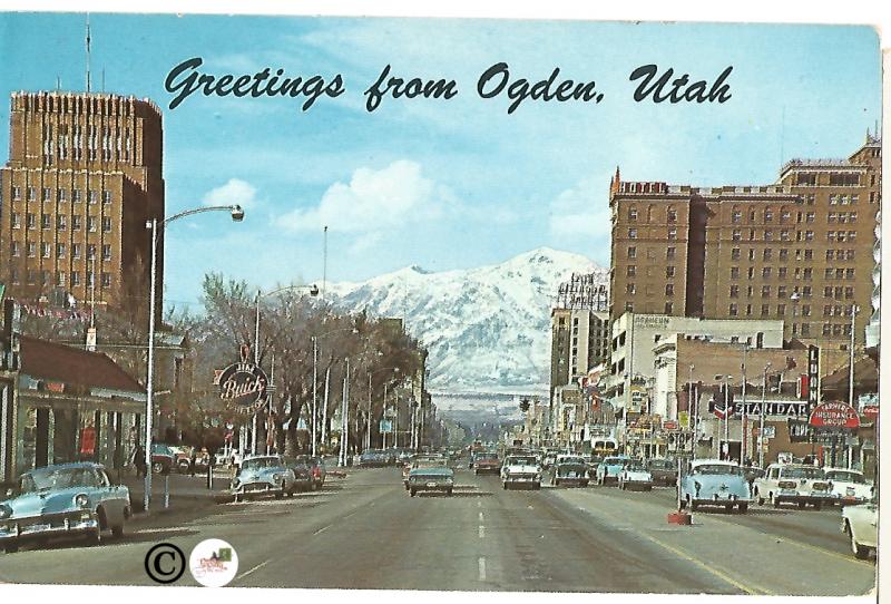 Greetings from Ogden Utah Street Scene with Mountain View Vintage Postcard