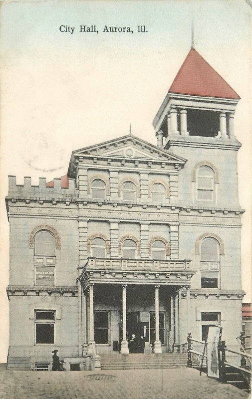 Postcard 1909 City Hall Aurora Illinois Hand Colored 24-6799