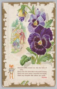 Greetings~Couple Walks in Garden~Pansies~Vintage Postcard 