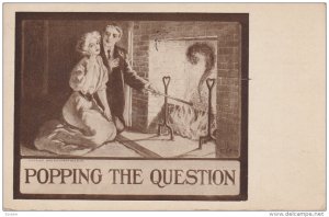 Couple at a roaring fireplace with popcorn, Popping the Question, PU-1910