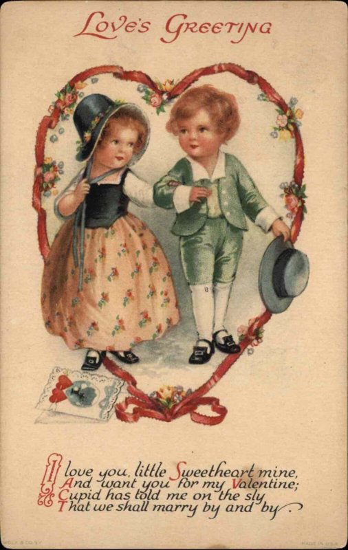 Clapsaddle Valentine Little Girl and Boy Heart Border c1910 Vintage Postcard