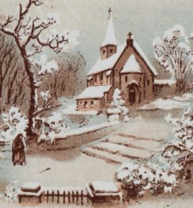 1880s Victorian New Year's Card Winter Snow Church F145