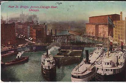 US - Illinois  Rush Street Bridge  Boats on River 1911