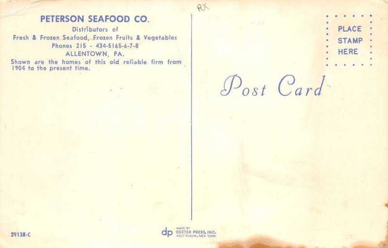 Allentown Pennsylvania Peterson Seafood Co Vintage Postcard AA58518