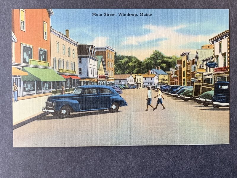 Main Street Winthrop ME Linen Postcard H1163085243