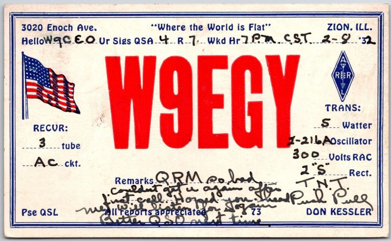 1932 QSL Radio Card W9EGY Zion Illinois Amateur Radio Station Posted Postcard