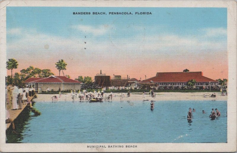 Postcard Municipal Bathing Beach Sanders Beach Pensacola FL 1935