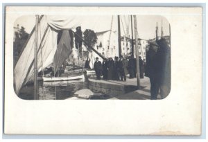 c1910's Crowd Gathering Dock Sailboats Suez Canal Egypt RPPC Photo Postcard 