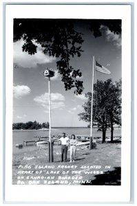 Oak Island Minnesota Postcard Flag Island Resort Heart Lake Woods Canadian c1940