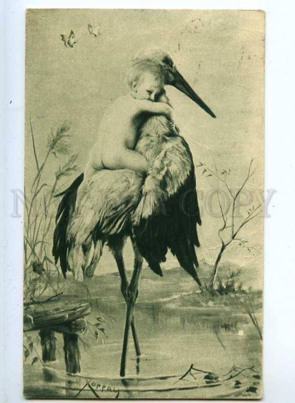 240838 BIRTH Baby on STORK w/ Butterfly by KOPPAY Vintage PC