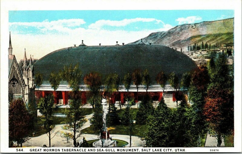 Great Mormon Tabernacle Sea Gull Monument Salt Lake City Utah UT WB Postcard VTG 