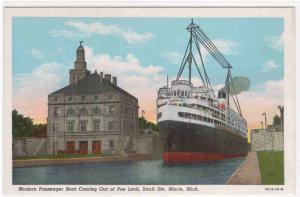 Great Lakes Steamer Lock Sault Ste Marie Michigan linen postcard