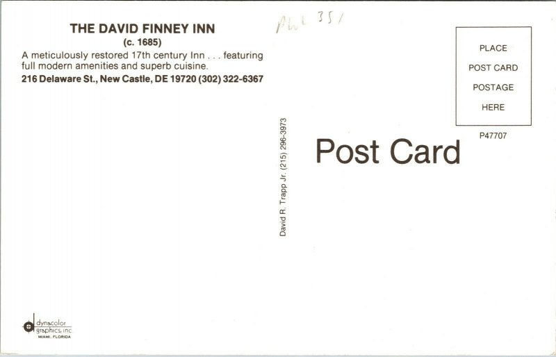 David Finney Inn Delaware St New Castle DE 19720 Vintage Postcard Unposted UNP 