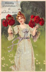 Greetings Woman with Red Roses Antique Postcard J54538