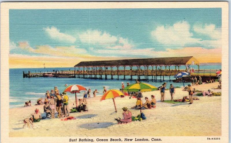 New London Ct Connecticut Ocean Beach Bathers C1950s Linen