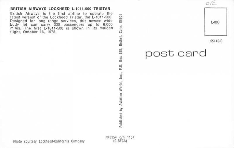 British Airways Lockheed L â€“ 1011 â€“ 500 Tri-Star Airplane Unused 