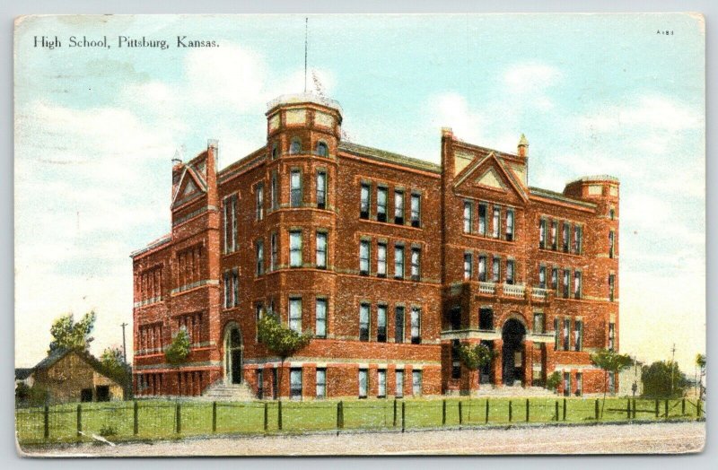 Pittsburg KS~Hitching Posts?~What Great Towers & Gables @ High School!~1910 PC 