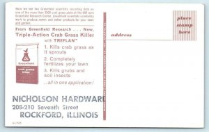 NICHOLSON HARDWARE Rockford IL~Greenfield Crab Grass Killer Advertising Postcard