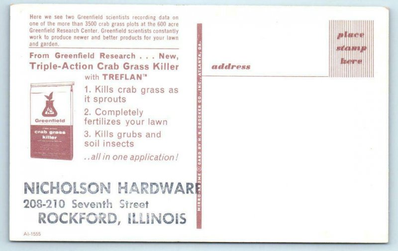 NICHOLSON HARDWARE Rockford IL~Greenfield Crab Grass Killer Advertising Postcard