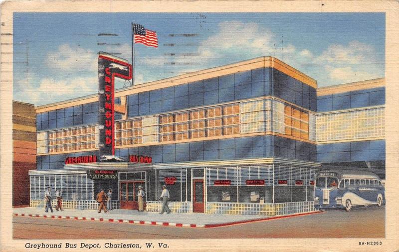 West Virginia WV Postcard 1942 CHARLESTON Greyhound Bus Depot ENtrance People