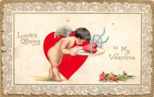 E71/ Valentine's Day Love Postcard c1910 Cupid Heart Offering 5