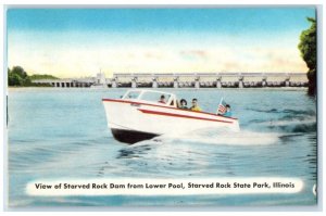 c1940 View Starved Rock Dam Lower Pool Starved Rock State Park Illinois Postcard