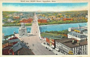 HAMILTON OH~WEST OVER MIAMI RIVER-SOLDIERS MONUMENT & BRIDGE~BIRDS EYE POSTCARD