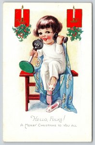 Christmas~Cute Lil Girl in White Bunny Rabbit Slippers~Candlestick Phone~c1912