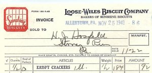 1941 ALLENTOWN PA LOOSE-WILES SUNSHINE BISCUIT COMPANY BILLHEAD INVOICE Z4055