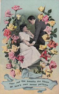 Romantic Couple Surrounded By Roses In Shape Of Horseshoe