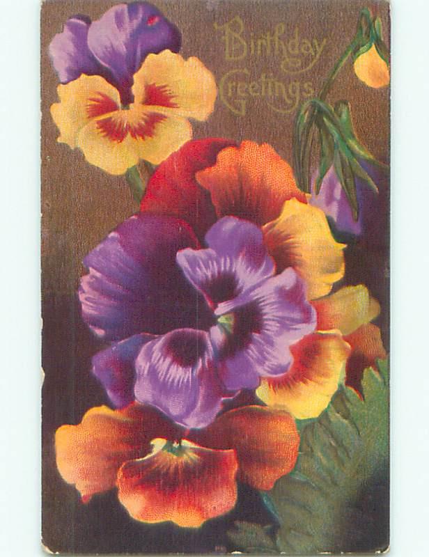 Unused Pre-Linen BEAUTIFUL PURPLE AND ORANGE PANSY FLOWERS J2768