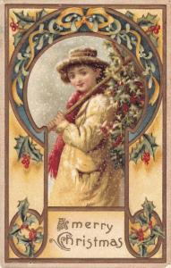girl with a tree holly christmas postcard c1912 ac100