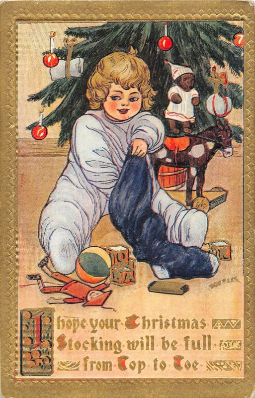 G6/ Merry Christmas Holiday Postcard c1910 Child Tree Black Doll Stocking 8