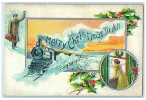 c1910's Merry Christmas Railroad Train Man Home Woman Waving Berries Postcard