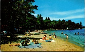Vtg Fitch's Beach Scene Sebago Lake Sun Bathers East Sebago Maine Postcard
