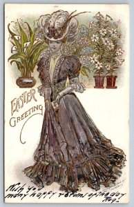 Easter Greeting, Fashionable Woman, Fancy Dress, Lilies, 1906 Lounsbury Postcard