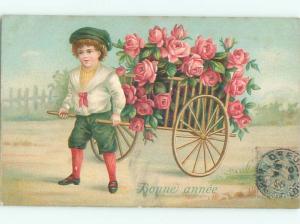 foreign 1906 Postcard FRENCH BOY PULLS WAGON FULL OF ROSE FLOWERS AC3887