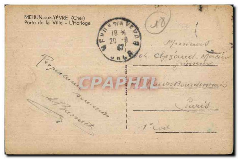 Old Postcard Mehun sur Yevre (Cher Gate City The Clock