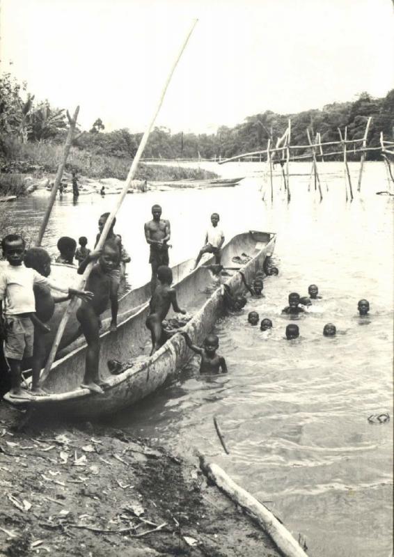 congo, Young African Boys are Swiming and Bathing in River, Canoe (1970s) RPPC