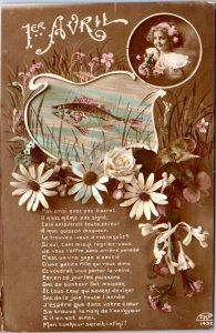 Postcard French April Fool Poisson D'avril - poem with fish and girl in portrait