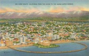 Long Beach CA from the Ocean to the Snow-Capped Sierras Linen Postcard Unused