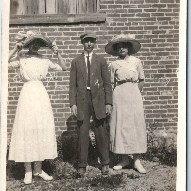 c1910s Outdoors Young Teen Man & Women RPPC Handsome Guy Cute Girls Sun Hat A326