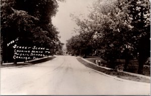 Real Photo Postcard Street Scene Looking North to Public School Carlyle Illinois