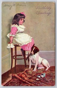 Little Girl On Chair & Bad Dog In Corner~Chewed Shoes~c1905 Vintage Postcard