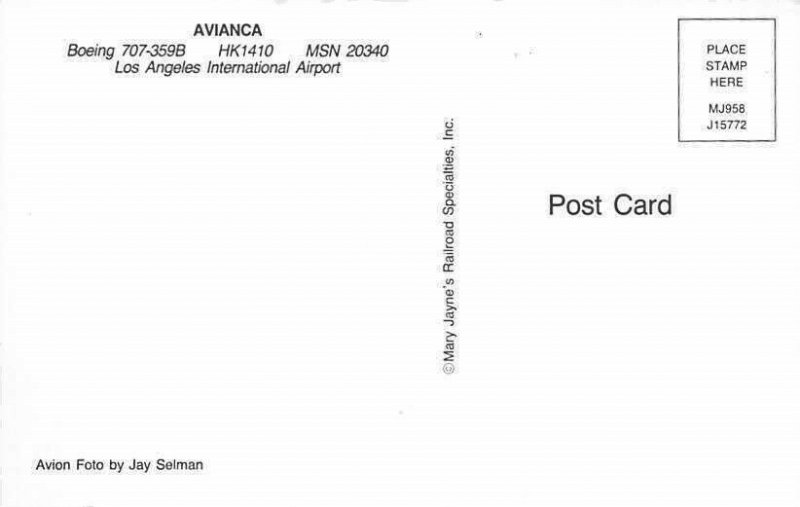  Airplane Postcard   AVIANCA Boeing 707-359B HK-1410 MSN 20340 
